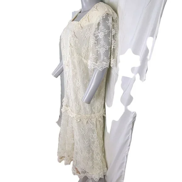 Vintage 80s Lace Midi Dress Women 12 Cream 20s Style Formal Wedding Retro Summer - Picture 11 of 13